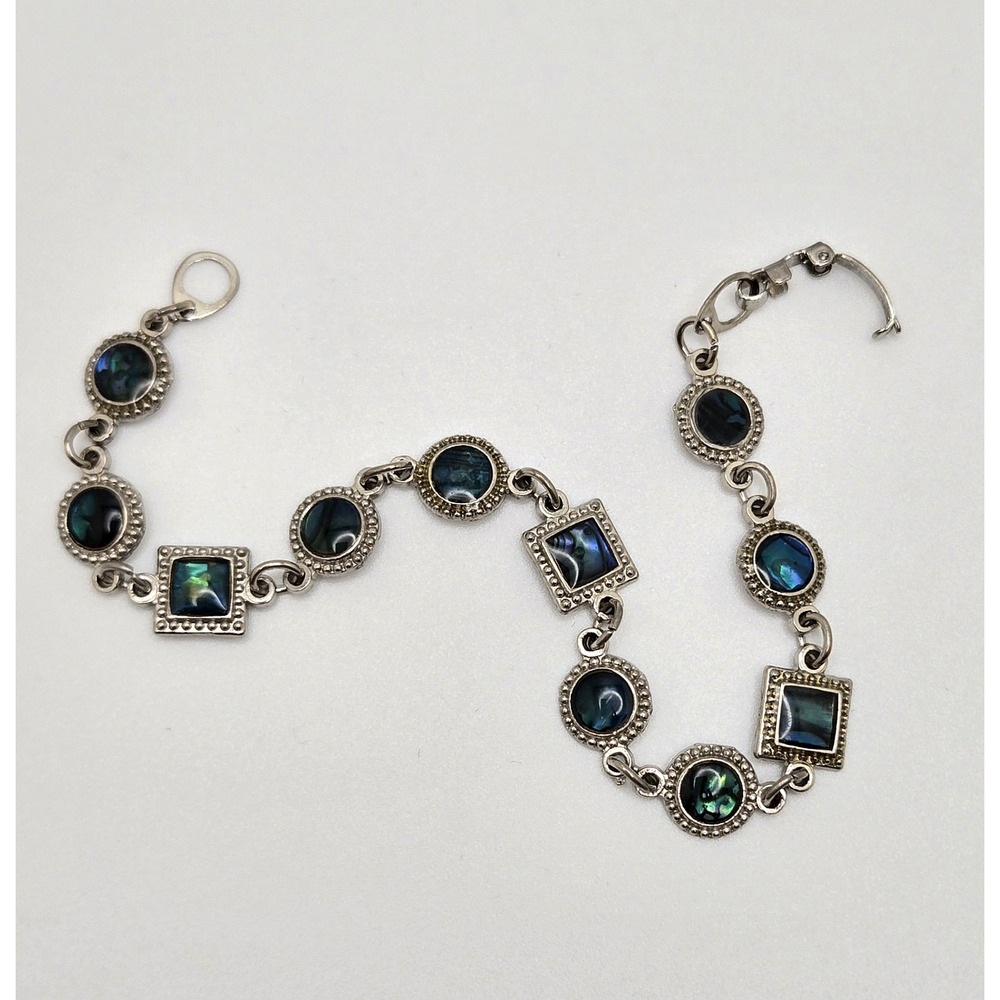 Vintage Bracelet Blue Green Stone Silvertone Geometric Coastal Classic Boho Twee